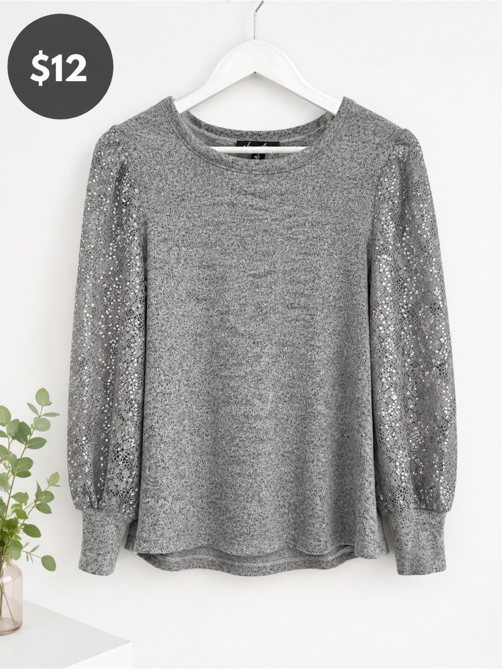 Gray Lace Sleeve Top – Size S – Elegant & Casual